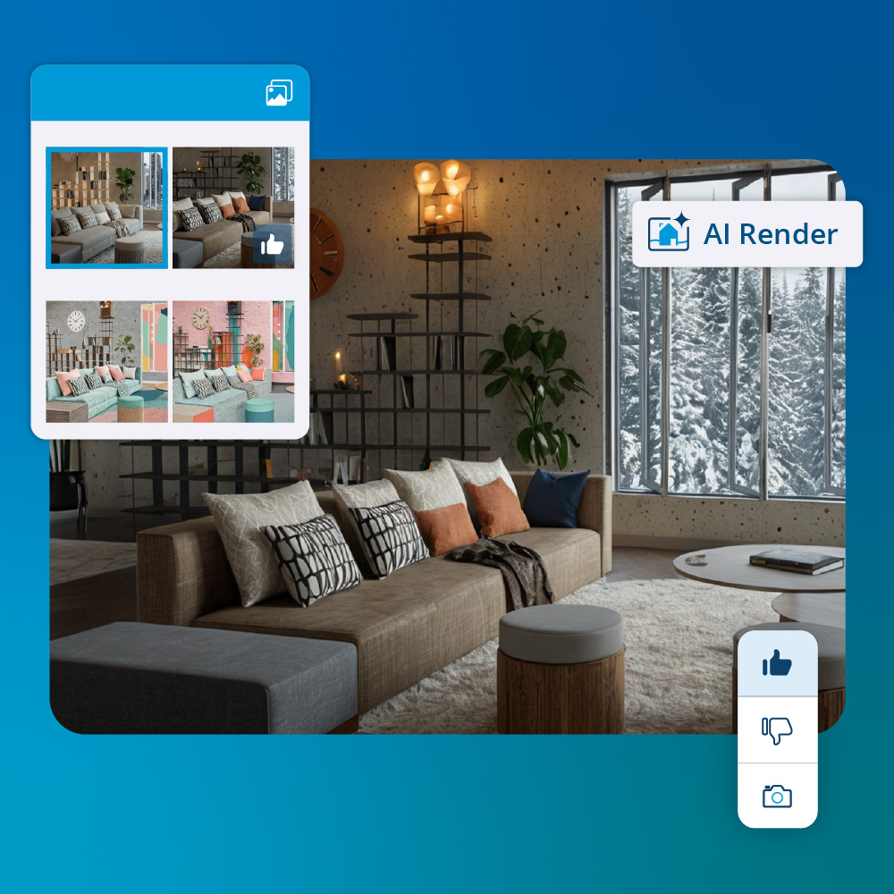 The SketchUp 'AI Render' interface displaying a photorealistic interior design of a modern living room with a snowy forest view. A sidebar shows four alternative AI-generated style variations of the same space. Focus: SketchUp AI Render, interior visualization, 3D rendering.