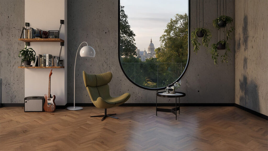 The SketchUp 'AI Render' interface displaying a cozy living room with a snowy forest view. A side panel shows four alternative AI-generated style and color variations of the same interior.