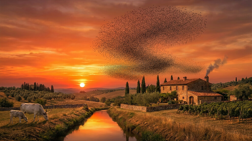 Een indrukwekkende spreeuwendans boven een authentieke Italiaanse boerderij in een Toscaans landschap tijdens 'golden hour'. De dynamische zwerm vogels vormt een visuele metafoor voor de miljoenen datapunten in een 3D-scan (puntenwolk).