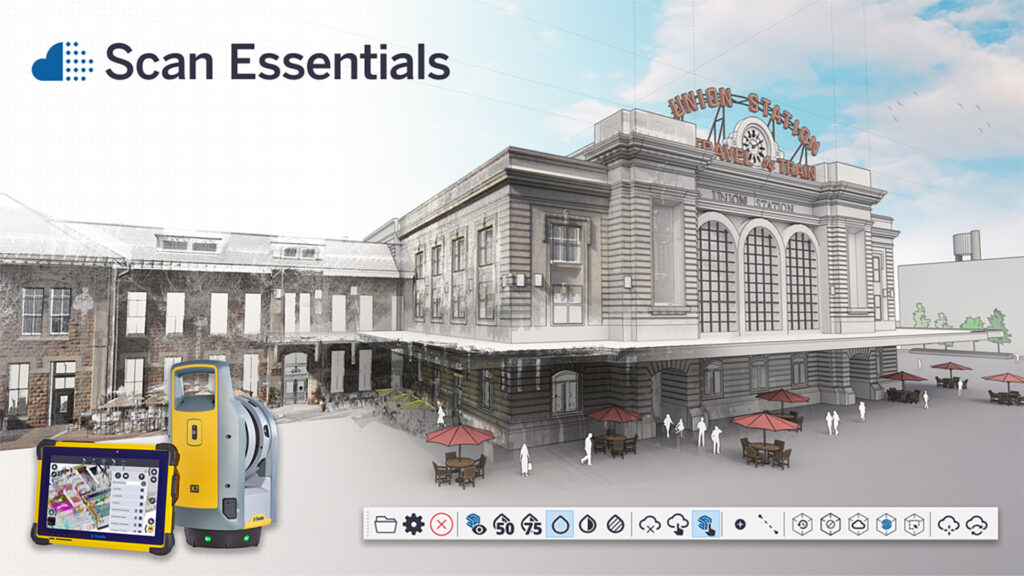 Promotieafbeelding voor Trimble Scan Essentials, onderdeel van SketchUp Studio. De visualisatie toont de workflow van ruwe point cloud naar 3D-model (Union Station), ondersteund door een gele Trimble X7 laserscanner, tablet en de software-interface.