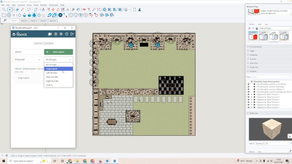 Het 2D-bovenaanzicht van een tuinontwerp in SketchUp met de Shoot Plant Planner interface. De afbeelding toont de ontwerpfase waarbij planten als platte symbolen worden geplaatst in borders, gekoppeld aan de plantenlijst in de zijbalk.