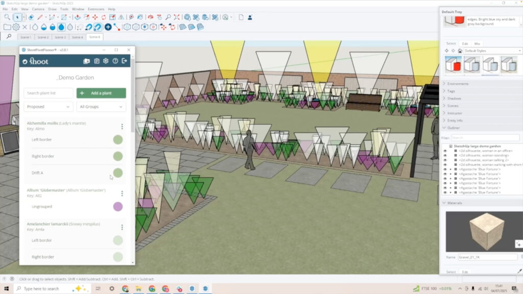 Een schematische 3D-weergave in SketchUp waarbij planten worden getoond als abstracte, transparante geometrische vormen (kegels). Deze 'proxy-modus' van Shoot Plant Planner.