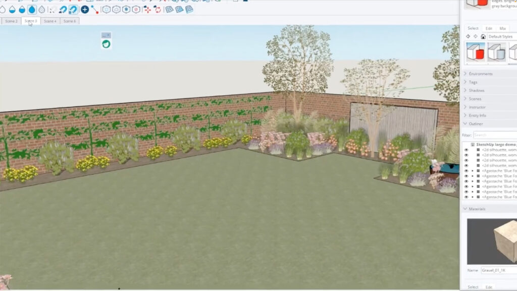 Een realistische 3D-visualisatie van hetzelfde tuinontwerp in SketchUp. Met één klik in de Shoot Plant Planner zijn de 2D-symbolen omgezet naar gedetailleerde 3D-modellen van bomen, siergrassen en vaste planten voor een levensechte klantpresentatie.