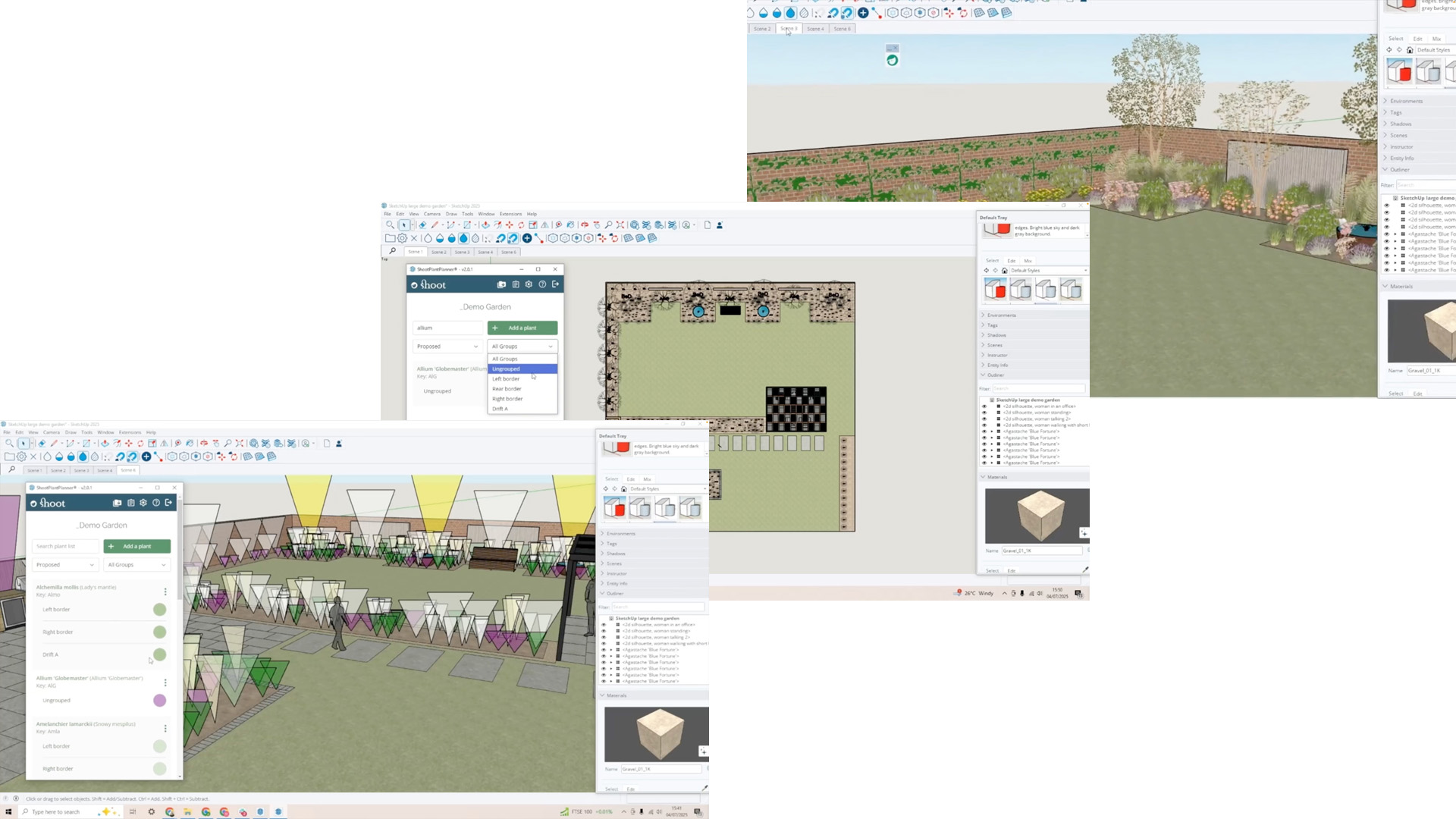 Een collage die de workflow van Shoot Plant Planner in SketchUp demonstreert: één enkel tuinmodel wordt getoond in drie fases. Van 2D-beplantingsplan en schematische volumestudie met proxy-vormen, tot een fotorealistische 3D-visualisatie.