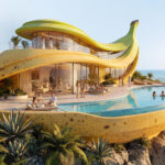 Rendering van een vakantievilla in de vorm van een banaan.