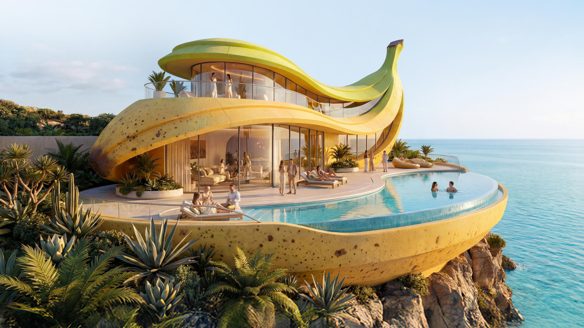 Rendering van een vakantievilla in de vorm van een banaan.
