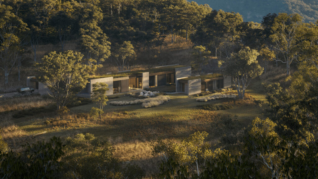 3D Render van een vrijstaande villa in een bosrijk heuvellandschap