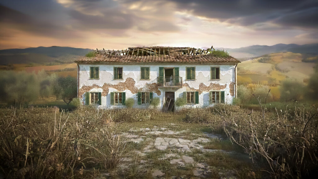 Een 3D-visualisatie van een vervallen Italiaanse boerderij in een Toscaans landschap bij zonsondergang. Het beeld toont de ruïne voor de renovatie, gekenmerkt door een deels ingestort dak, afbrokkelend stucwerk dat de bakstenen toont, en een sterk overwoekerde voortuin vol onkruid.