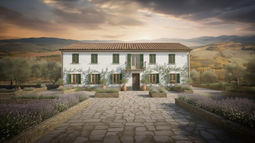 Een realistische 3D-visualisatie van een gerenoveerde Italiaanse villa (droomhuis) in een Toscaans landschap. De afbeelding toont een symmetrische witte gevel met groene luiken, klimop en een stenen oprijlaan geflankeerd door lavendel tijdens zonsondergang.
