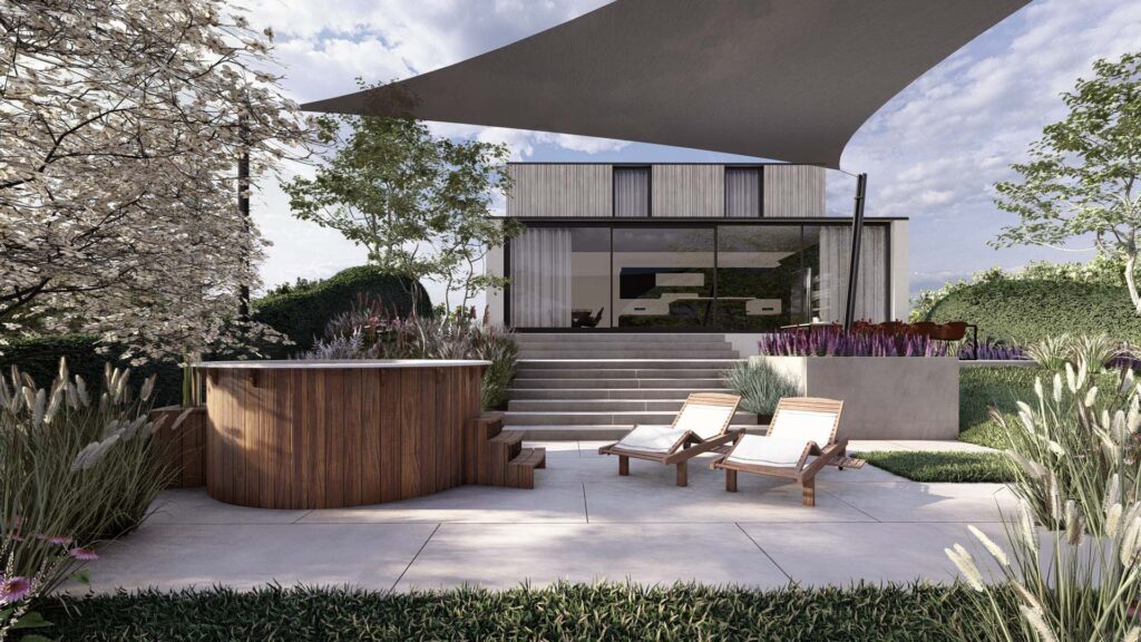 Een sfeervolle 3D-render van een modern tuinterras met een houten hottub en ligstoelen onder een groot grijs schaduwdoek. De visualisatie toont de overgang van de woning naar de tuin met brede traptreden en wuivende siergrassen.