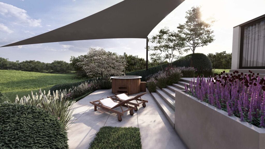 Een detail-render van het terras gericht op de houten hottub en de brede betonnen trappartij. De voorgrond wordt gesierd door paarse Salvia-beplanting in een verhoogde border, met uitzicht op het achterliggende landschap.