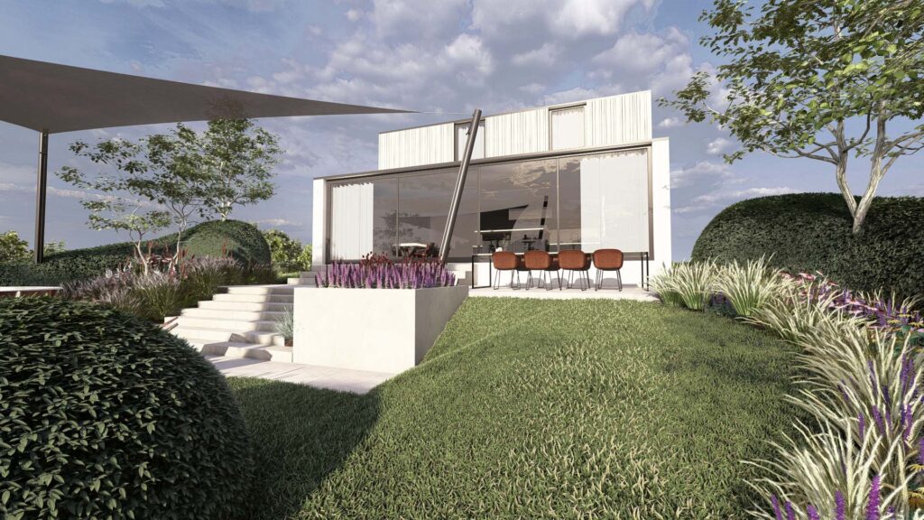 Een perspectief vanuit de lager gelegen tuin kijkend naar de moderne woning met glazen gevel. De visualisatie toont de buiteneethoek op het terras, de strakke keermuur en de verbinding via de traptreden.