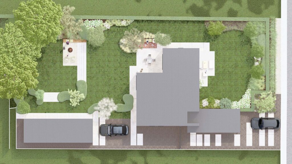 Een ingekleurd 2D-bovenaanzicht (tuinplan) van het volledige perceel. De tekening toont de relatie tussen de woning, de oprit met auto en de tuinindeling, waarbij de organische vormen van de borders en paden goed zichtbaar zijn.
