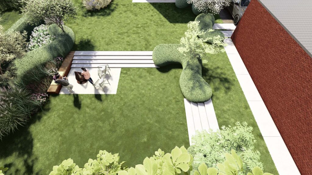 Een gedetailleerd 3D-vogelvluchtperspectief gericht op de zithoek in de tuin. De render benadrukt de brede traptreden die het niveauverschil overbruggen, de vuurschaal en de textuur van de organische 'wolken' beplanting.