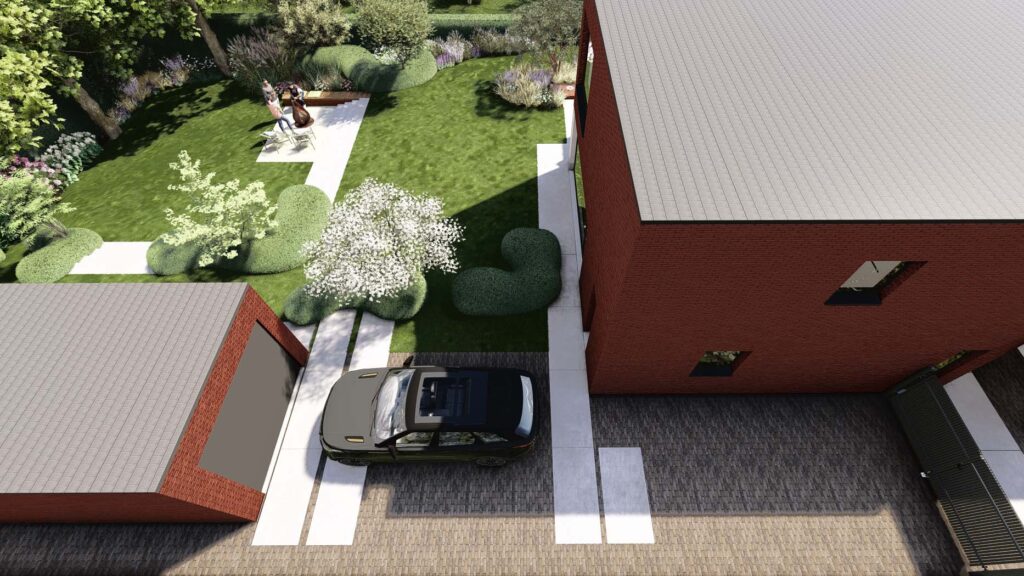 Een 3D-totaaloverzicht van de moderne woning met rode baksteen en de omliggende tuin. Deze vogelvlucht toont de entreezijde, de oprit, de garage en hoe het tuinontwerp naadloos aansluit op de architectuur van het huis.