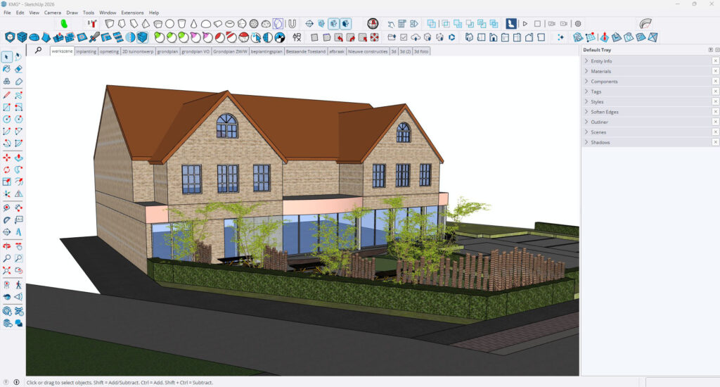 Een screenshot van de SketchUp-interface die het 3D-model van een kantoorgebouw met buitenruimte toont. De 'workscene' laat de architectuur zien en de eerste opzet van de ontspanningsruimte met beplanting en omheining.
