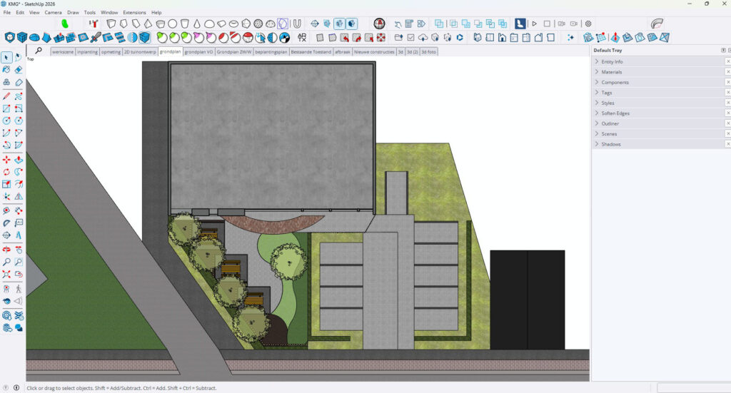 Een 2D-bovenaanzicht in SketchUp van het terreinontwerp. Het plan toont de indeling van de parkeerplaatsen naast de nieuwe groene ontspanningszone, waarbij de structuren en verhoudingen duidelijk zichtbaar zijn.