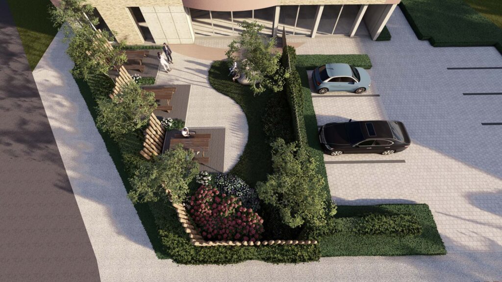 Een 3D-vogelvluchtperspectief van de volledige buitenruimte. Het overzicht toont hoe de organische vormen van de pauzeplek en het groen contrasteren met de strakke lijnen van de naastgelegen parkeerplaatsen en het gebouw.