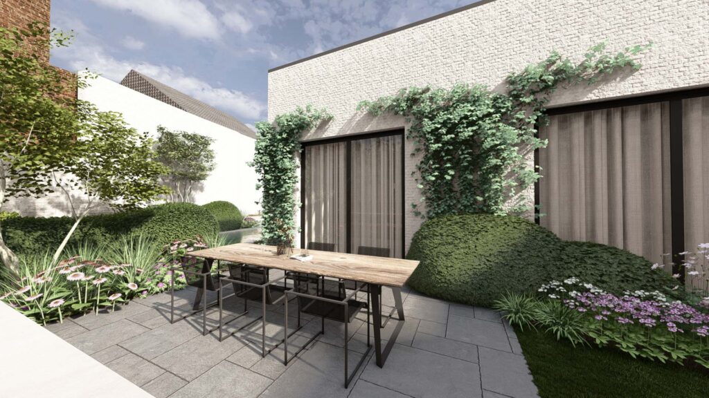 Een detail-render van het terras in de stadstuin. De visualisatie toont een robuuste houten eettafel met moderne stoelen, omgeven door bloeiende borders (Echinacea) en een witte gevel die begroeid is met klimplanten voor een groene sfeer.