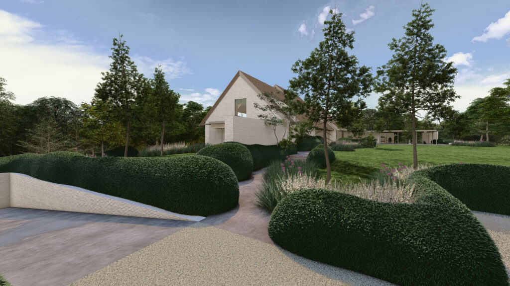 Een 3D-visualisatie van de voortuin en entreezone. Het beeld wordt gekenmerkt door organisch gesnoeide wolkenhagen en volwassen dennenbomen die het pad naar de witte woning met zadeldak begeleiden.