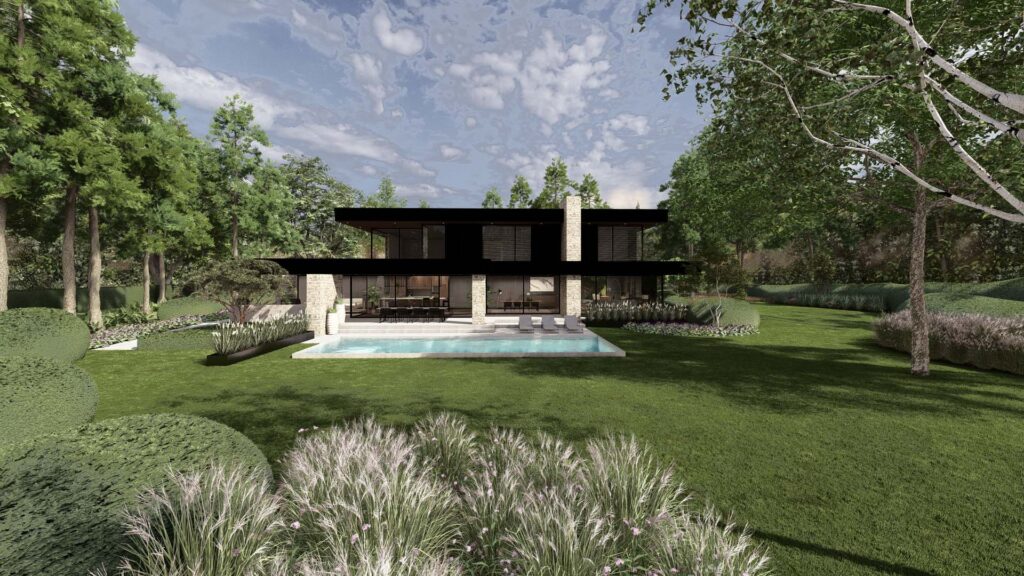 Een totaaloverzicht van de moderne villa en de uitgestrekte tuin aan de bosrand. De visualisatie toont de achtergevel met grote raampartijen, het zwembadterras en de overgang naar het omringende landschap met hoge bomen.