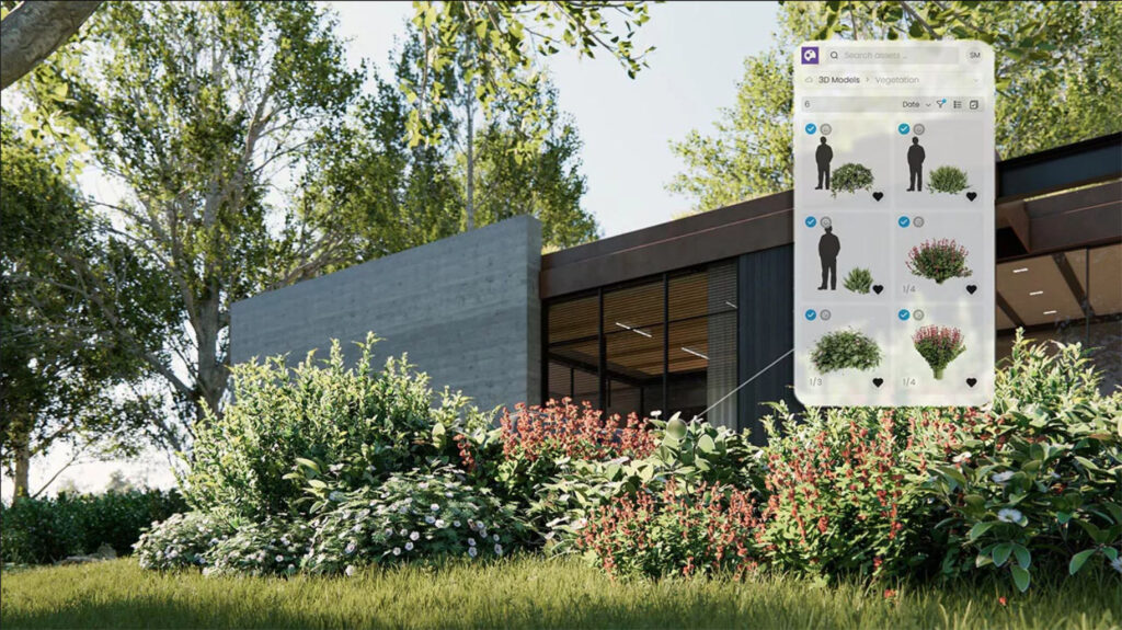 Enscape visualisatie van een buitenruimte met veel plantobjecten