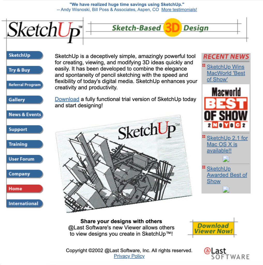 A screenshot of the classic SketchUp website from 2002, featuring the original logo and a 'MacWorld Best of Show' award.