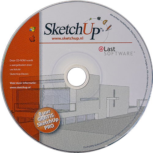 A photo of a classic SketchUp installation CD-ROM, originally released by @Last Software. The disc features the old SketchUp logo, a watermark of a 3D building, and a striking orange badge reading '8 hours FREE SketchUp PRO'.
