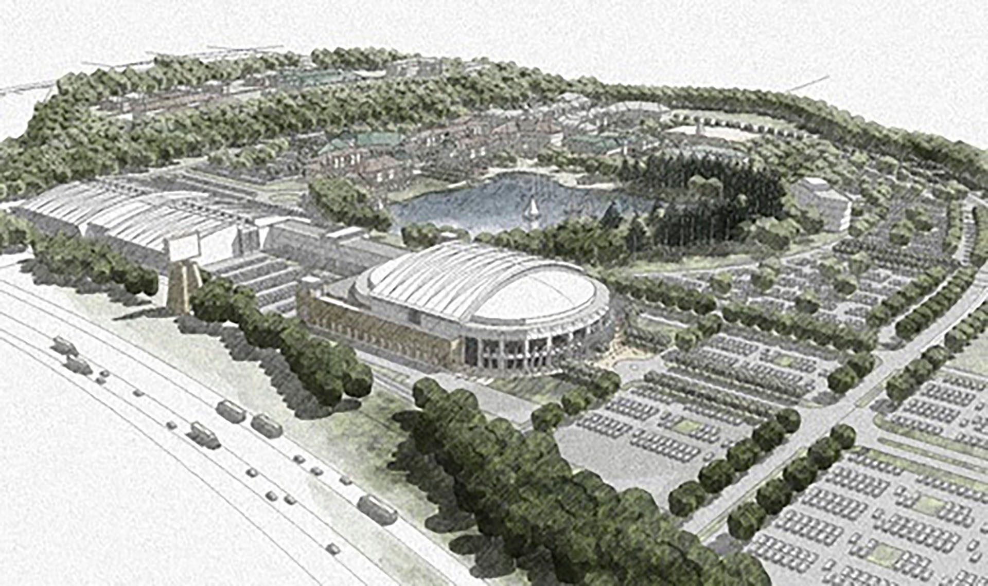 An early, hand-drawn style 3D render in SketchUp of a sprawling stadium complex with parking lots and trees.