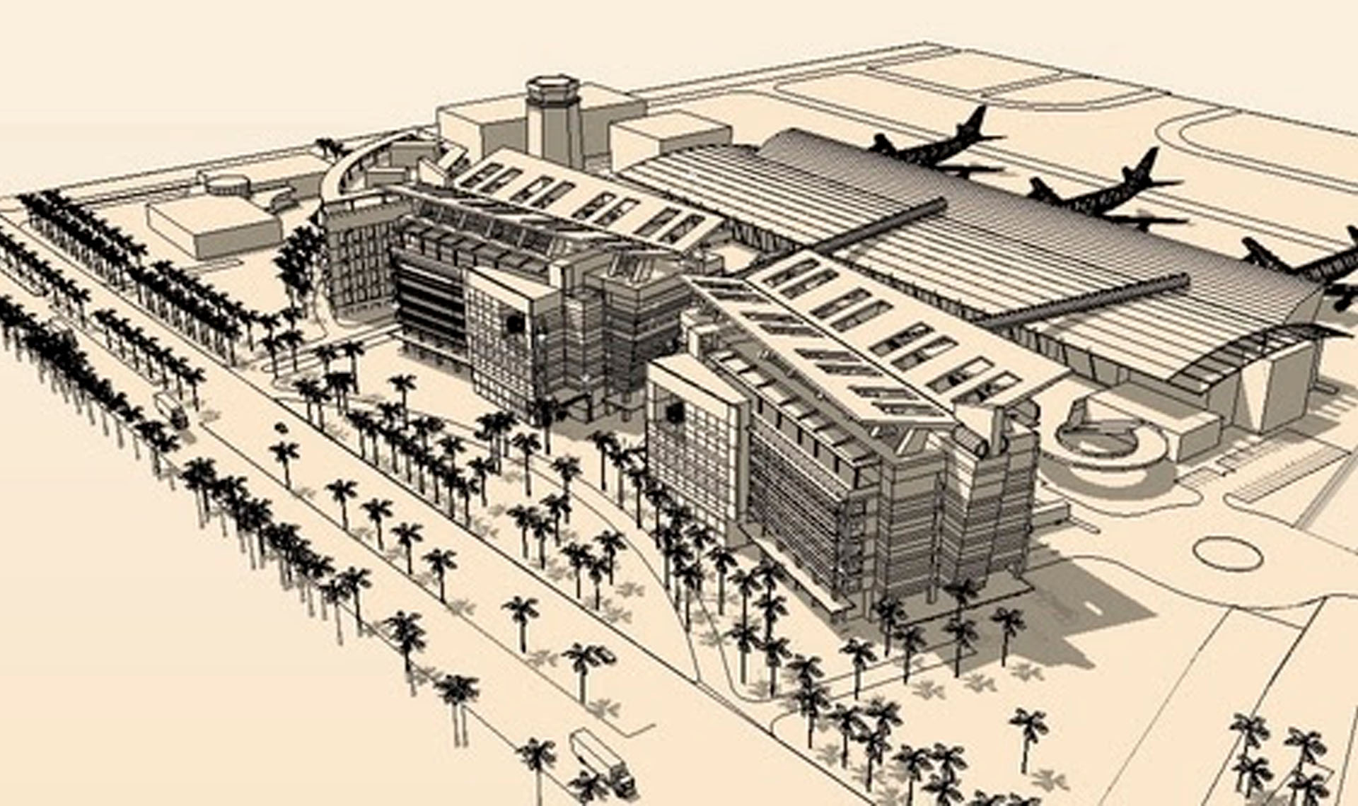 An early monochrome 3D visualization in SketchUp of a modern airport terminal with airplanes and palm trees.