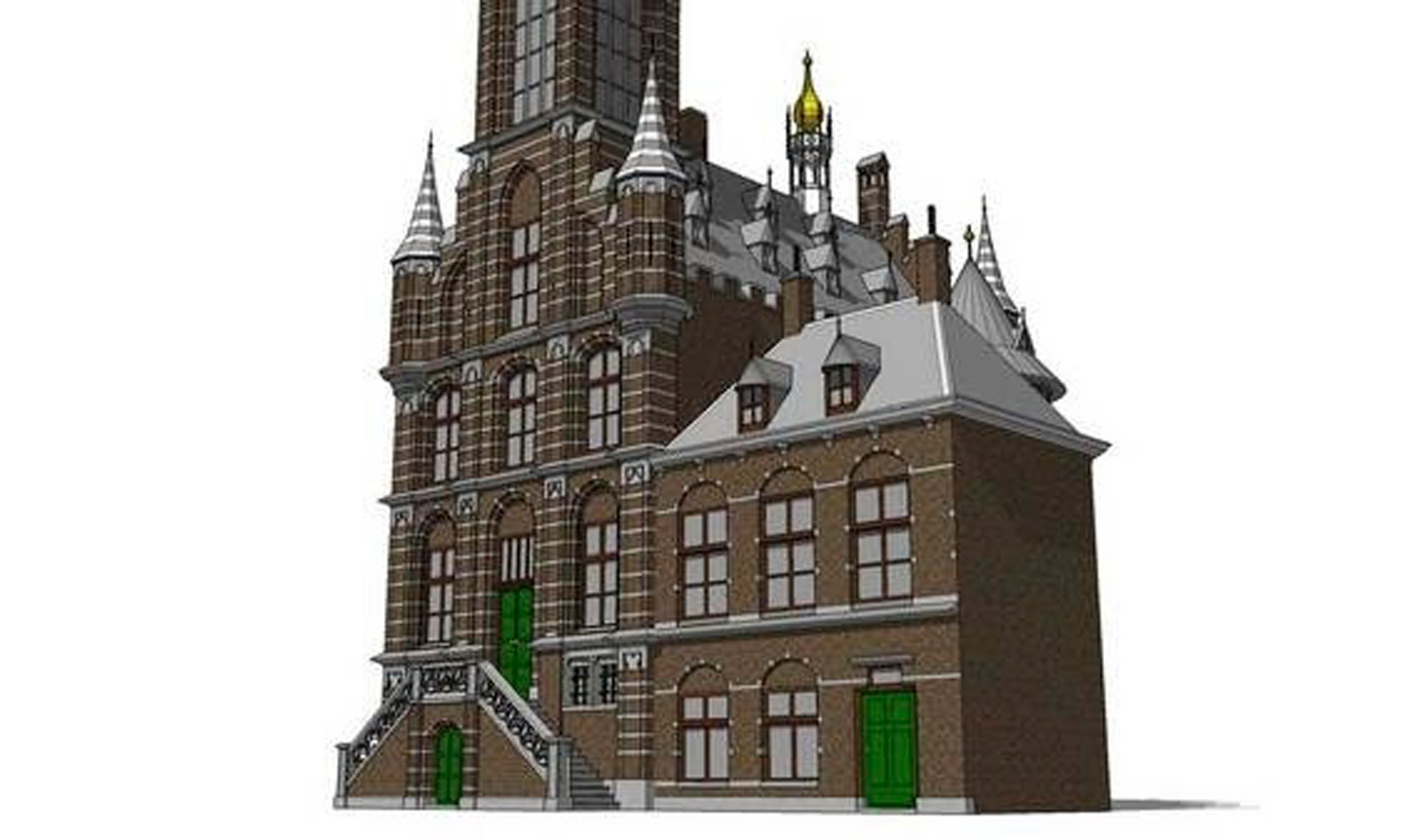 A detailed early SketchUp model of a classic European brick building featuring stepped gables and small towers.