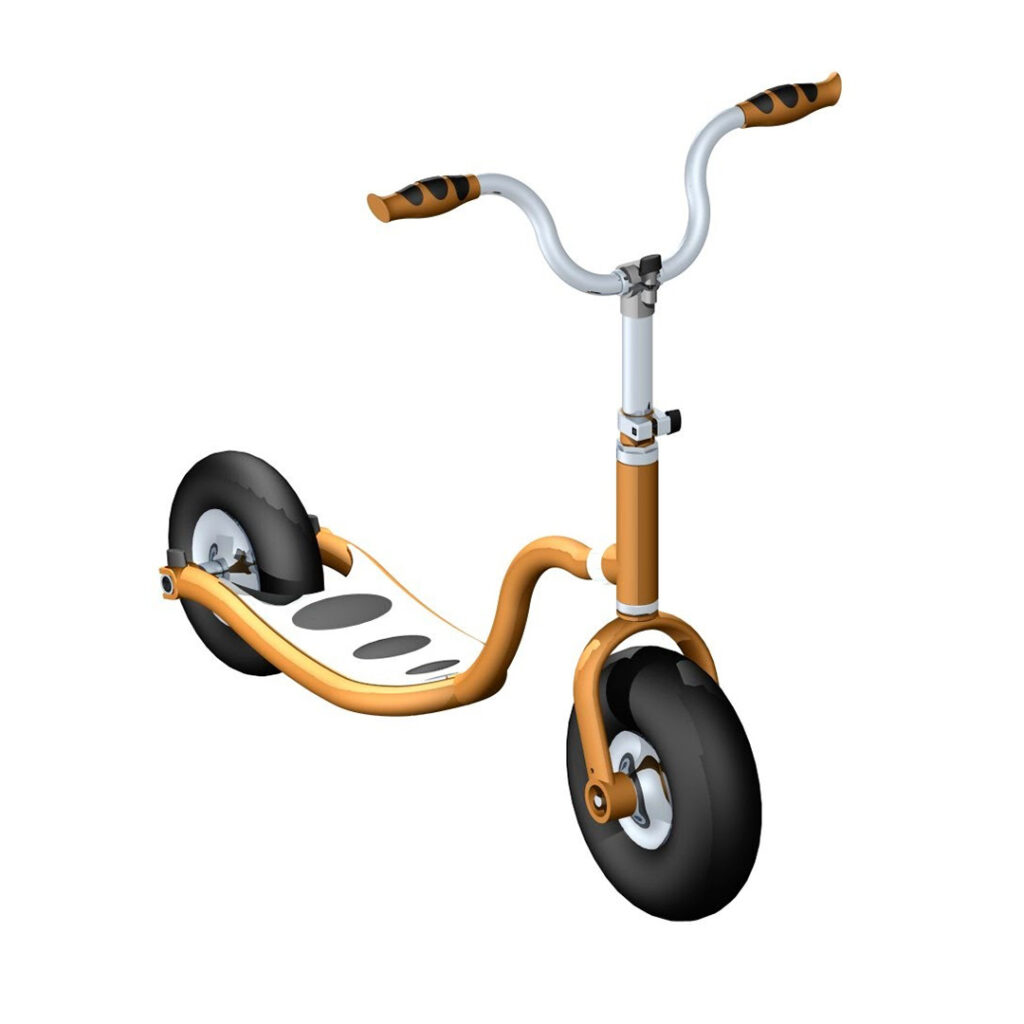 A 3D visualization from 1999 of an orange push scooter with robust thick tires.