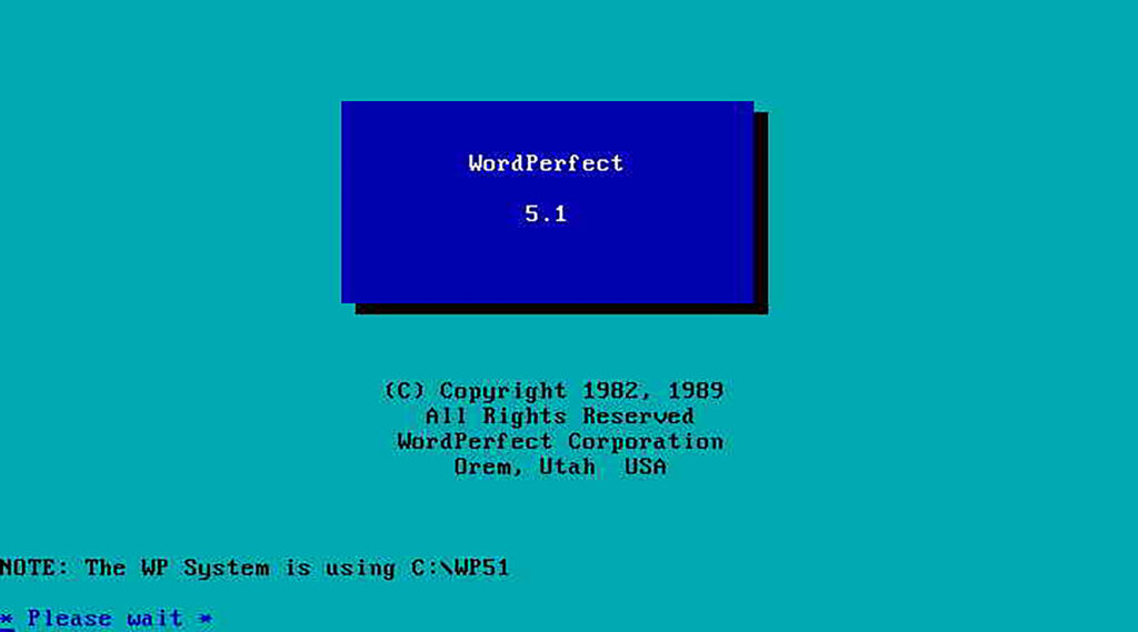 The iconic blue boot screen of the WordPerfect 5.1 word processor from the MS-DOS era.