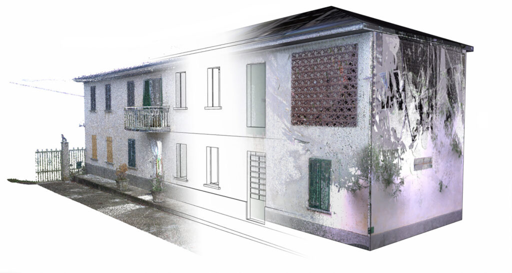 Een visuele overgangsfoto die het 'scan-to-BIM' proces van een Italiaanse boerderij demonstreert. De afbeelding toont een naadloze blend (overloop) tussen de ruwe, ingescande 3D point cloud aan de ene kant en het strakke, uitgewerkte witte SketchUp lijnmodel aan de andere kant.