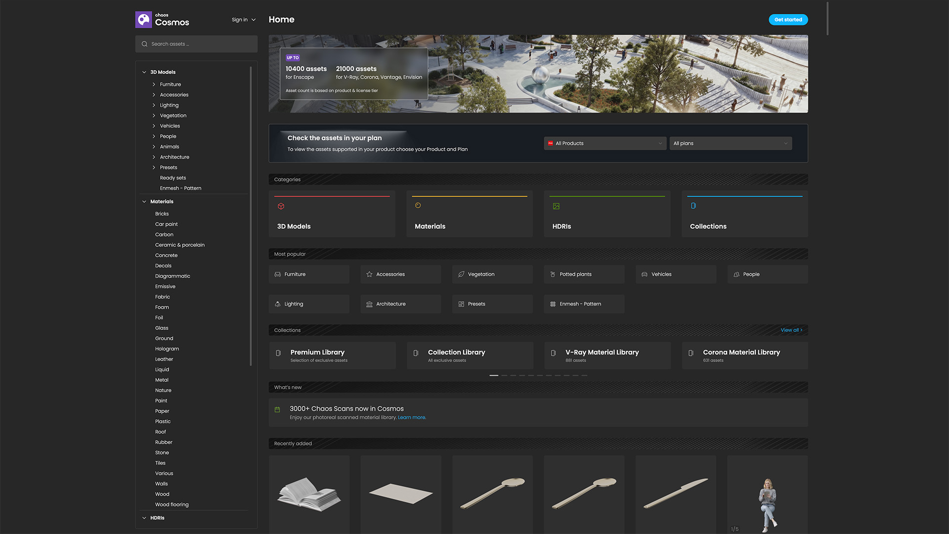 Een overzichtelijke screenshot van de Chaos Cosmos startpagina in een donkere weergave. De interface toont de uitgebreide asset bibliotheek met hoofdcategorieën zoals 3D-modellen, materialen en HDRI's, plus specifieke materiaal-collecties voor V-Ray, Corona en Enscape gebruikers.