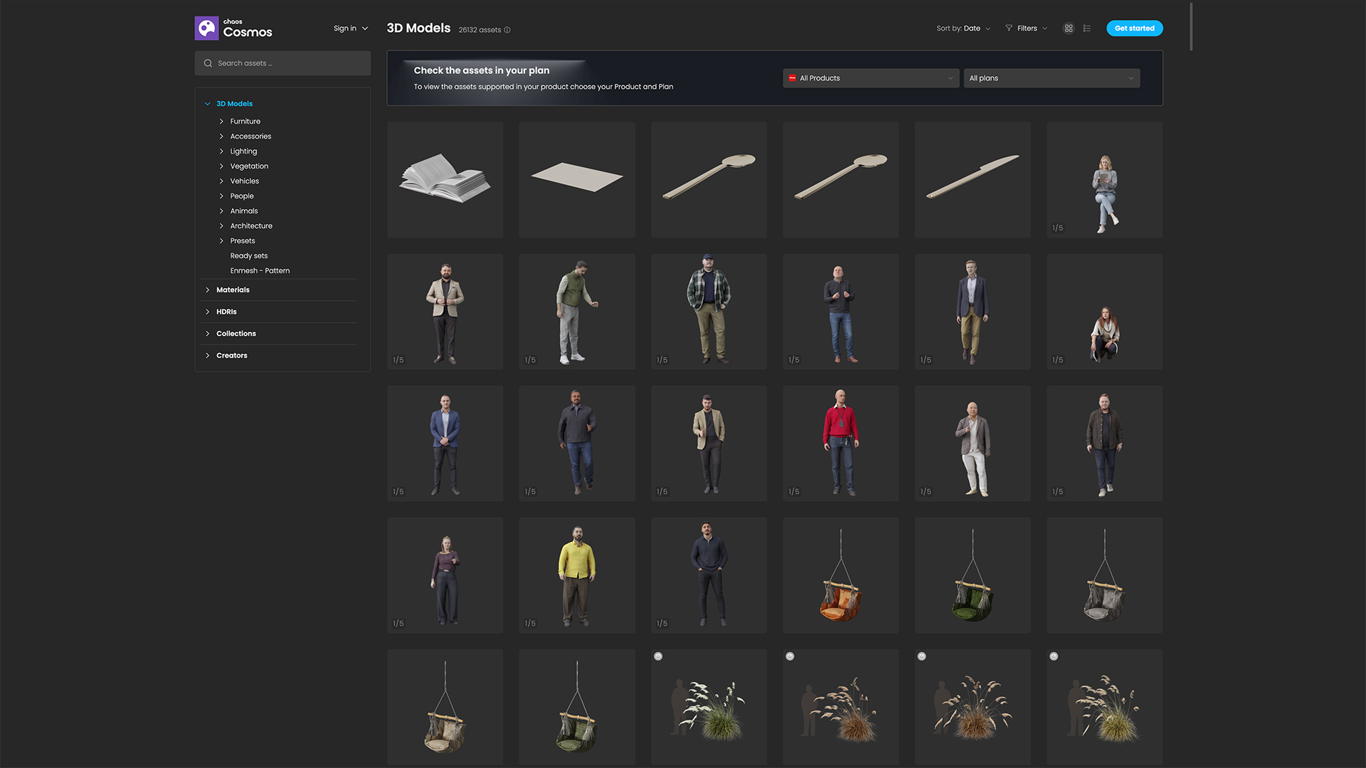 Een screenshot van de Chaos Cosmos 3D-modellen bibliotheek interface in een donkere weergave. Het overzicht toont een overzichtelijke grid met diverse hoogwaardige render-ready 3D-assets, waaronder fotorealistische 3D-mensen in verschillende houdingen, hangstoelen en gedetailleerde siergrassen voor architectuurvisualisaties.