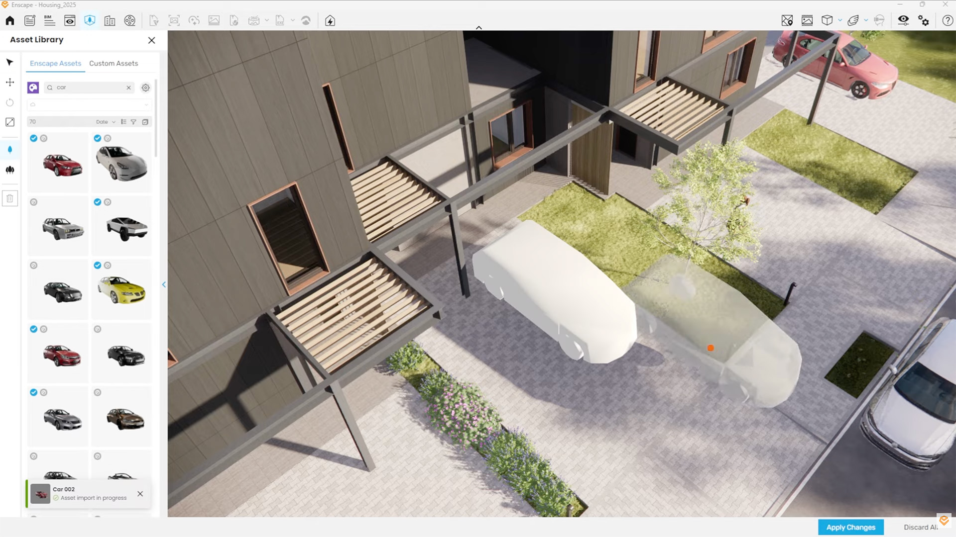 Een screenshot van de Enscape software interface die de drag-and-drop functie voor 3D-assets demonstreert. Links is de Asset Library geopend met diverse automodellen, terwijl rechts een auto in de oprit van een moderne architectuurvisualisatie wordt geplaatst, tijdelijk weergegeven als een vereenvoudigd wit proxy-model.