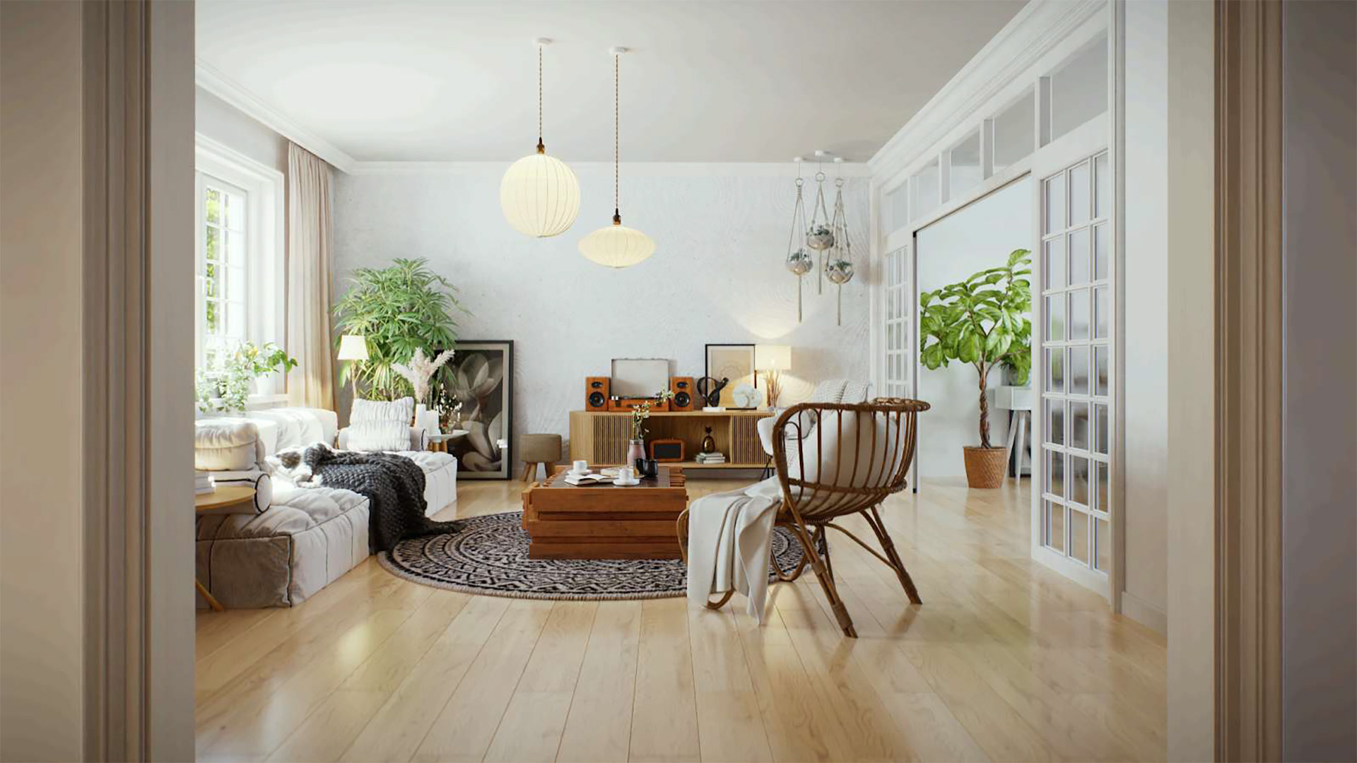 A photorealistic 3D render of a bright, modern living room, attractively furnished with 3D assets from the Chaos Cosmos library. The space is beautifully illuminated by natural daylight and features detailed elements such as a comfortable sofa, a rattan chair, wooden furniture, and various green houseplants.