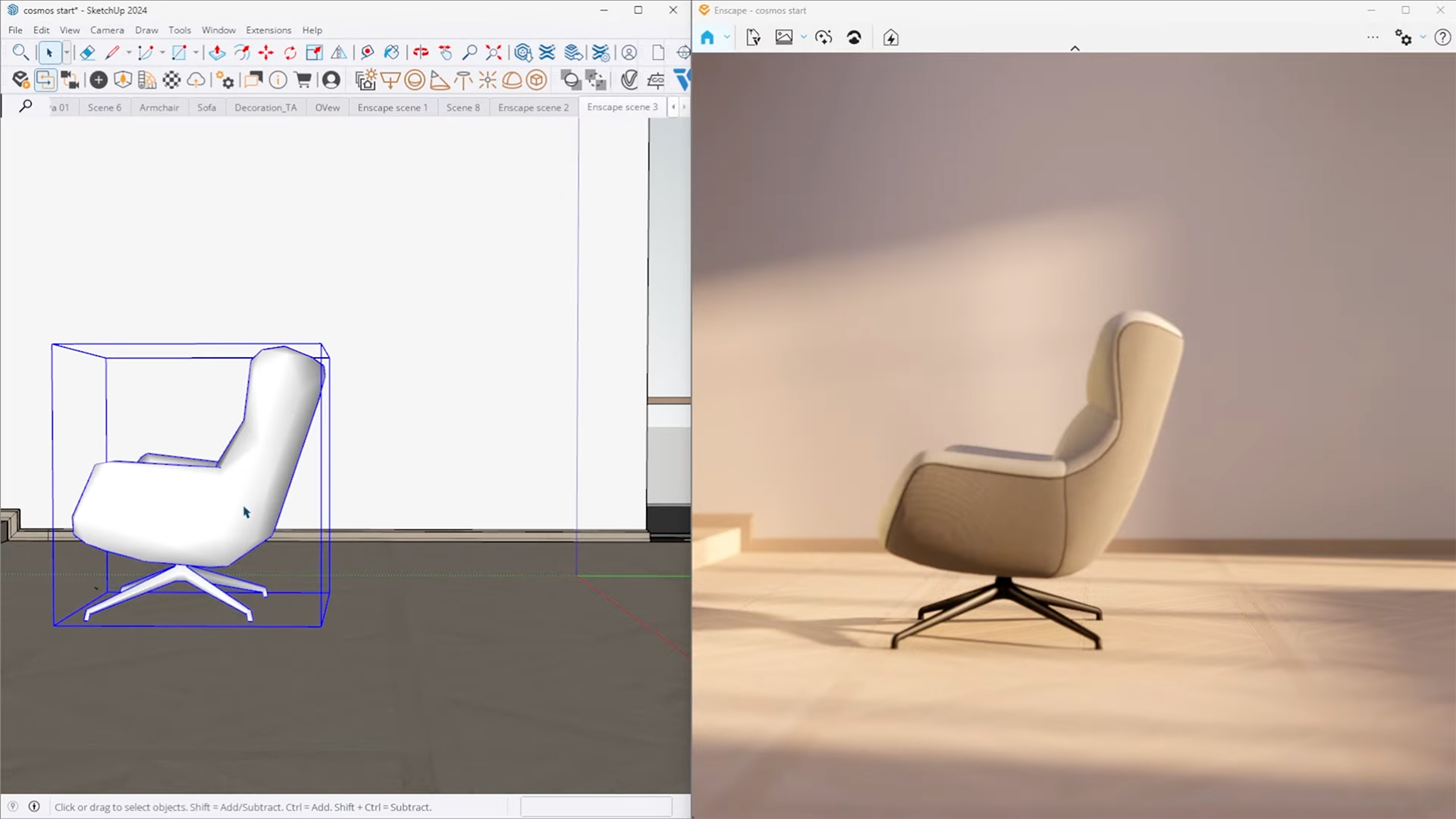 Een split-screen weergave die de naadloze workflow van Chaos Cosmos demonstreert. Links is de SketchUp interface te zien met een vereenvoudigd 'proxy' model van een loungestoel. Rechts toont de real-time Enscape render-interface direct het fotorealistische, hoogwaardige 3D-model van de stoel met accurate belichting en schaduwen.