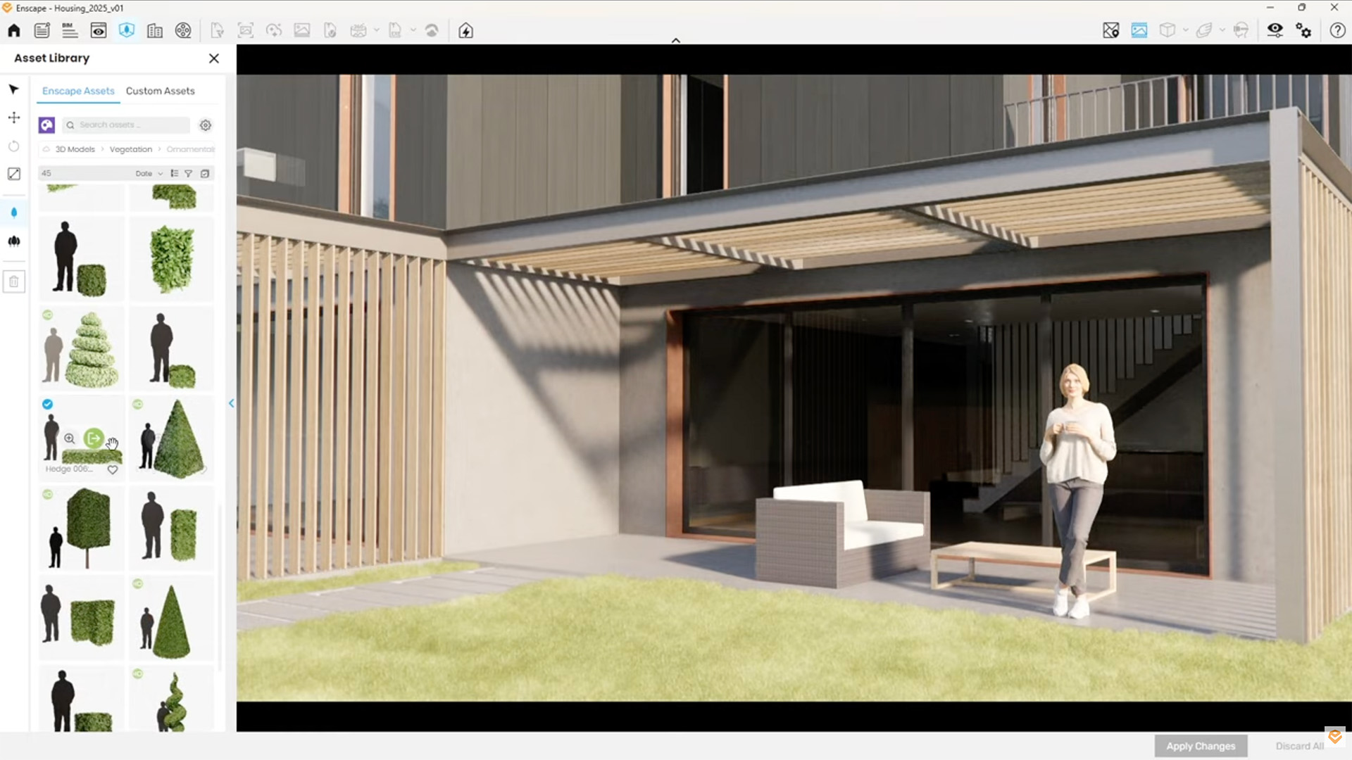 Een screenshot van de Enscape interface die het gebruik van scene-ready 3D-assets toont. Links staat de Asset Library geopend bij de categorie vegetatie met diverse modellen van heggen en struiken, terwijl rechts een fotorealistische render van een modern terras te zien is, compleet met een 3D-model van een persoon en loungemeubels.