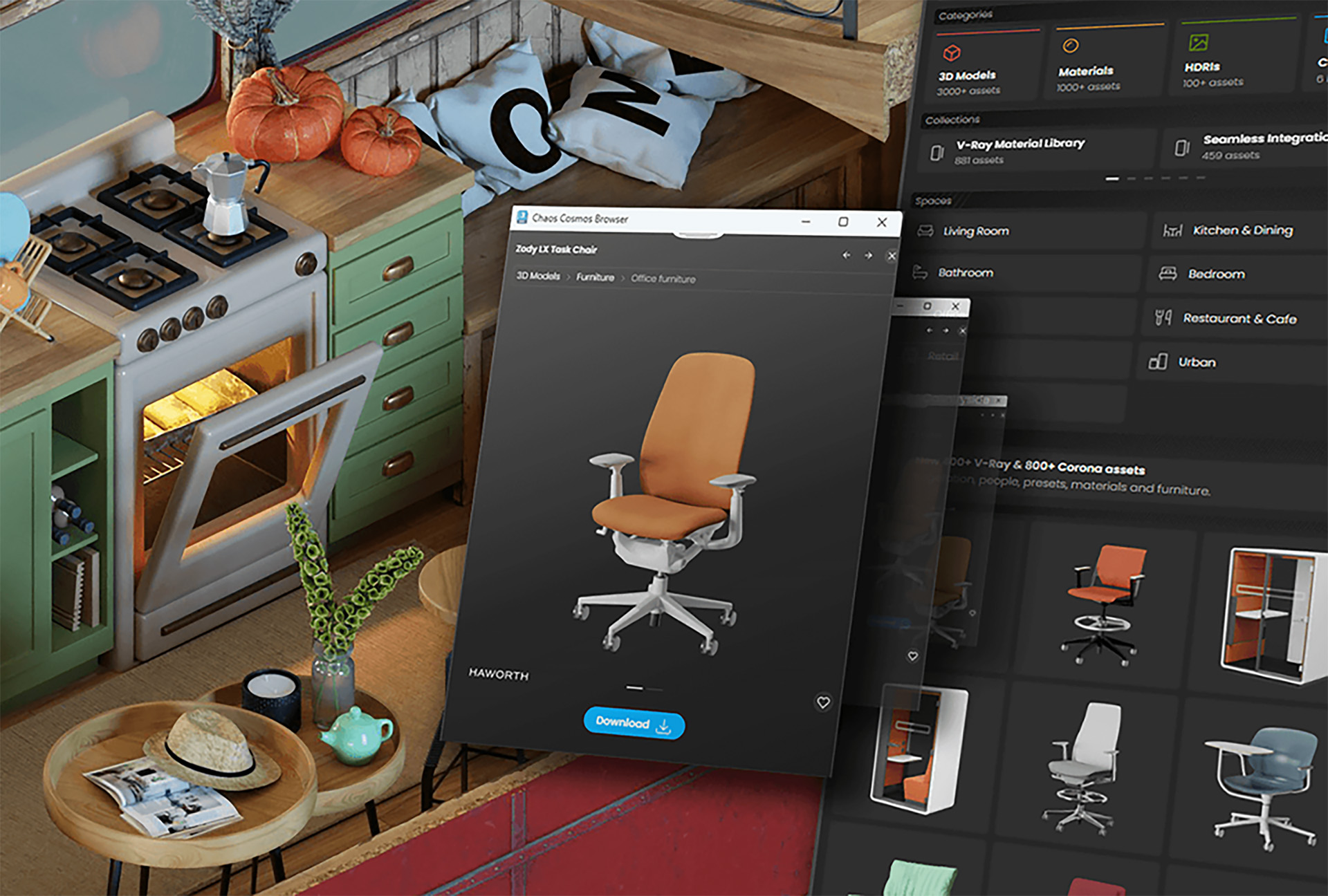 Een compositie-afbeelding die het Chaos Cosmos 'smart adaptive content' systeem demonstreert. Op de voorgrond zweven de donkere interface-panelen van de Cosmos Browser, met een te downloaden 3D-model van een oranje Haworth bureaustoel. Op de achtergrond is een warme, gedetailleerde 3D-render van een keuken met kookeiland te zien.