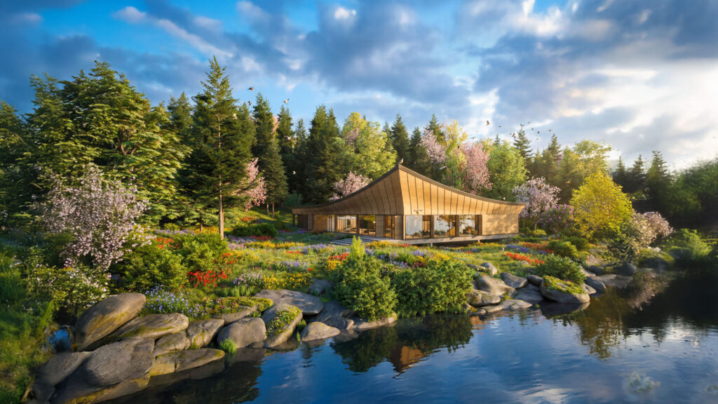 A photorealistic 3D render of a modern house with a striking curved wooden roof, situated in a lush green landscape. This impressive exterior visualization features a tranquil pond with large rocks in the foreground, surrounded by colorful wildflower meadows and mature trees, demonstrating high-quality Chaos rendering software.