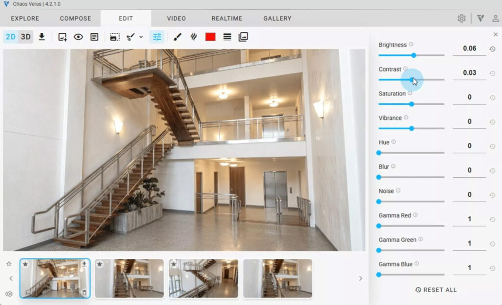 Een screenshot van de 'Edit' tab in Chaos Veras, met een overzicht van schuifregelaars voor canvas filters zoals helderheid, contrast en verzadiging. De interface toont een fotorealistische interieur-render van een lichte, moderne kantoorruimte met een opvallende houten trap en plantenbak.