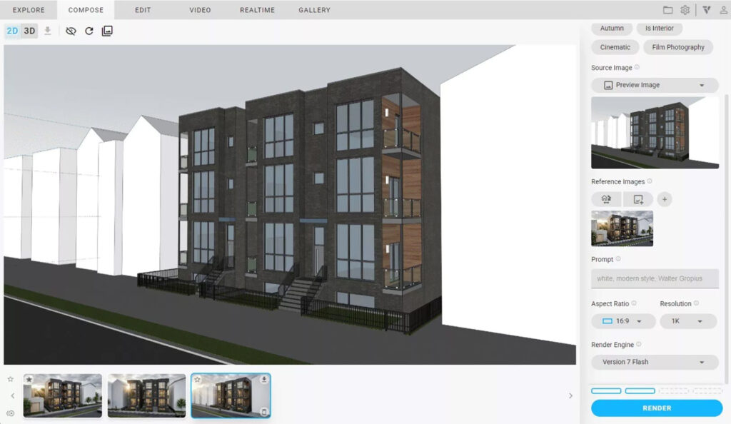 Een screenshot van de Chaos Veras 'Compose' interface. Het toont een onbewerkt 3D-basismodel van een modern appartementencomplex met donkere bakstenen gevels, klaar om gerenderd te worden via AI-prompts, terwijl omliggende gebouwen als abstracte witte blokken worden weergegeven voor context.