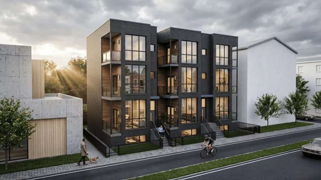 Een hoogwaardige, fotorealistische exterieur render van een modern appartementencomplex in donkere baksteen, volledig gegenereerd met Chaos Veras. De sfeervolle architectuurvisualisatie toont de gevel in warm avondzonlicht, inclusief gedetailleerde weerspiegelingen in het glas en een levendige straat met bomen, een fietser en een wandelaar.