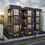 Een hoogwaardige, fotorealistische exterieur render van een modern appartementencomplex in donkere baksteen, volledig gegenereerd met Chaos Veras. De sfeervolle architectuurvisualisatie toont de gevel in warm avondzonlicht, inclusief gedetailleerde weerspiegelingen in het glas en een levendige straat met bomen, een fietser en een wandelaar.