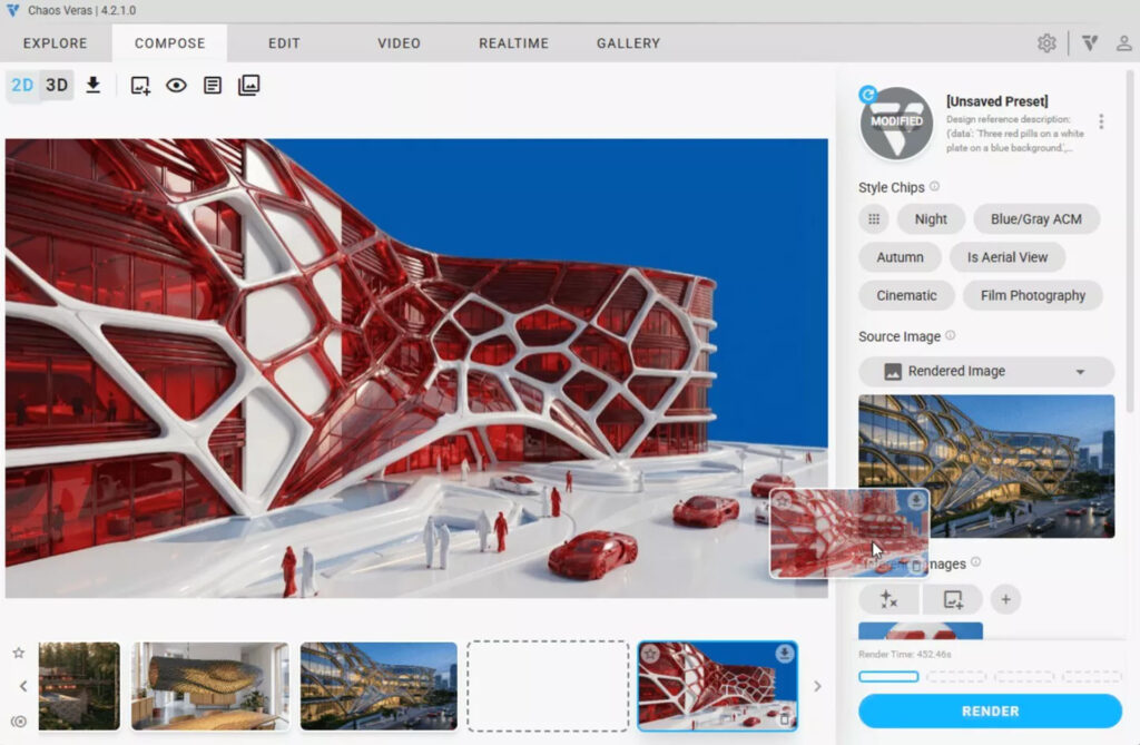 Een screenshot van de Chaos Veras interface die de 'thumbnail gallery strip' onderaan het scherm demonstreert. De software toont een indrukwekkende AI-gegenereerde render van een futuristisch rood gebouw met een organische structuur, met aan de rechterkant de actieve instellingen en 'style chips'.