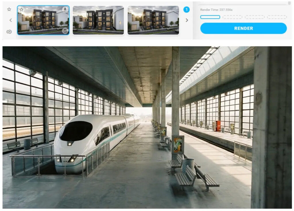 Een interface screenshot van Chaos Veras die het renderproces van een groot treinstation toont. De fotorealistische AI-render laat een moderne gestroomlijnde witte trein zien langs een betonnen perron onder een robuuste glazen overkapping