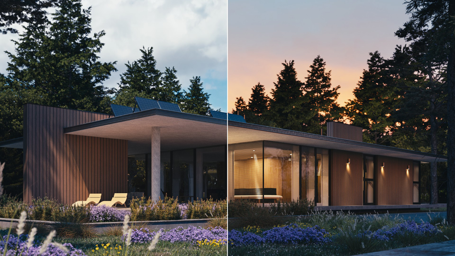 Een split-screen 3D-exterieurrender van een moderne houten woning die de V-Ray 7 AI Mood Match functie demonstreert. De linkerkant toont de woning in helder daglicht met een blauwe lucht, terwijl de rechterkant exact hetzelfde model laat zien tijdens een sfeervolle zonsondergang met warme, uitnodigende interieurverlichting.