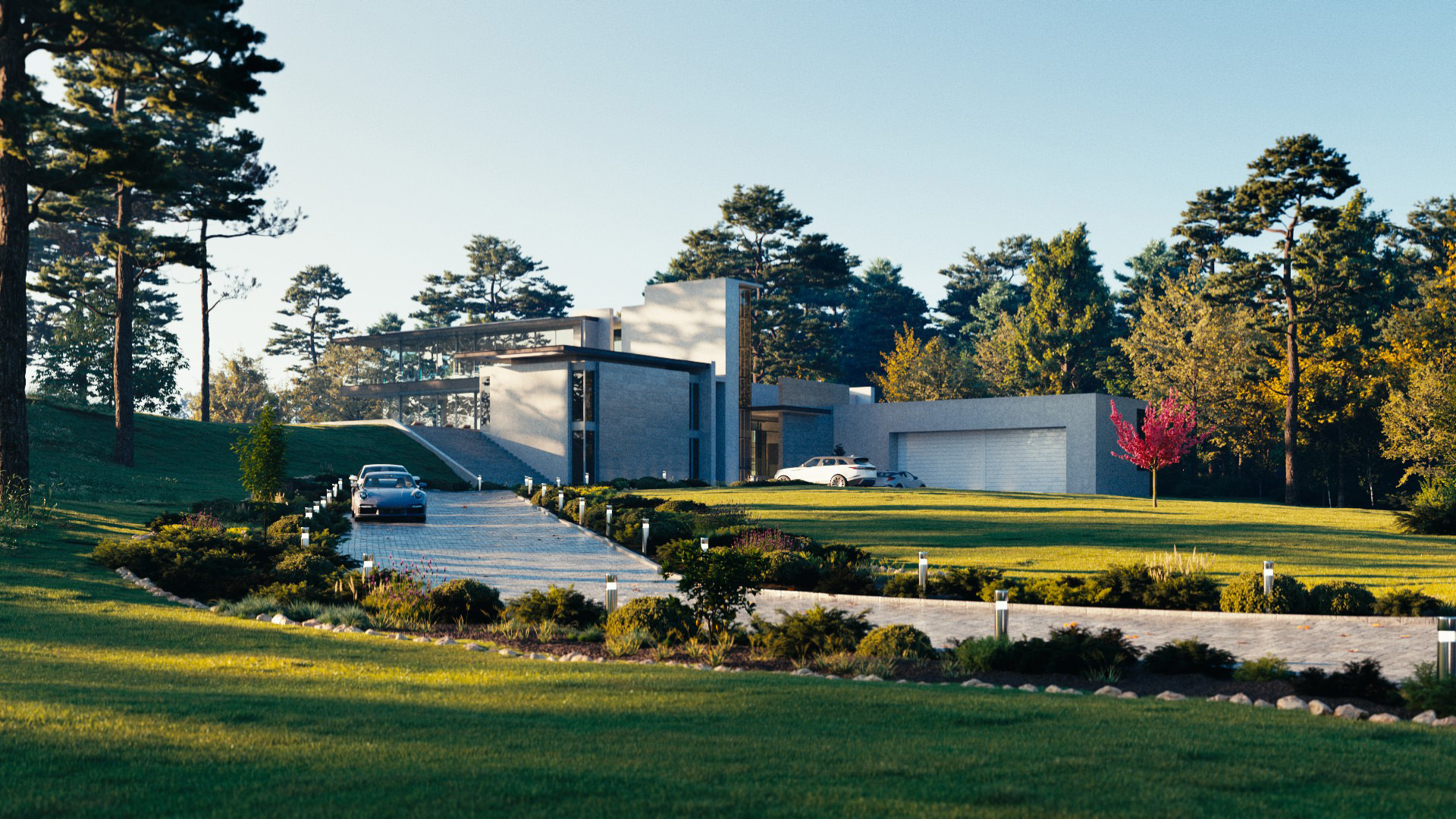 Een fotorealistische 3D-exterieurrender van een moderne villa met een lange, slingerende oprit, ter demonstratie van de cameraverbeteringen in V-Ray 7. Het beeld toont het strakke gebouw, geparkeerde auto's en weelderig groene bomen in helder, natuurlijk daglicht met nauwkeurige scherptediepte.